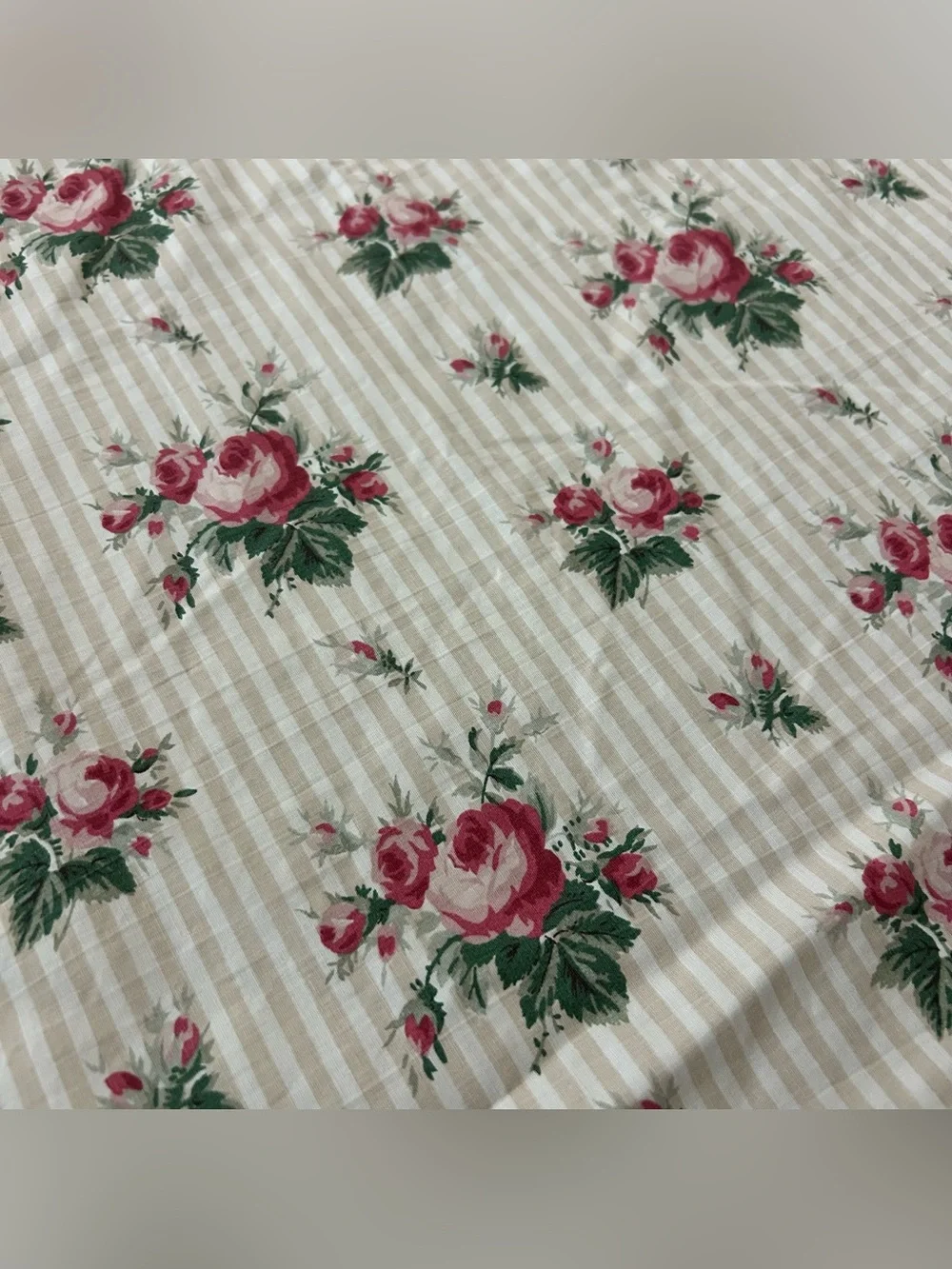 Vintage RALPH LAUREN Marseilles Stripe Queen Fitted Sheet Beige Tan Floral Rose